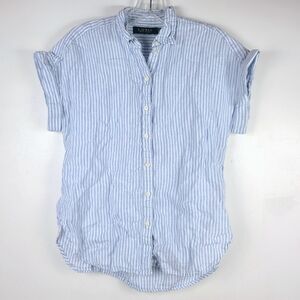 Lauren Ralph Lauren Blue & White Linen Striped Short Sleeve Button Down Shirt S